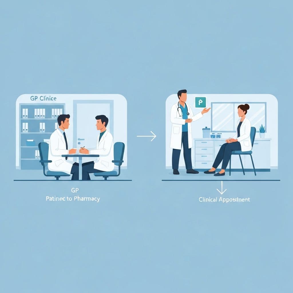 Flow of care showing GP consultation, patient direction to pharmacy, and pharmacy clinical appointment