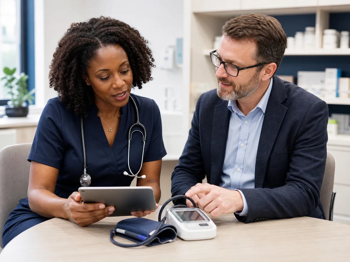 Conceptual image of primary-care professionals coordinating a blood-pressure pathway